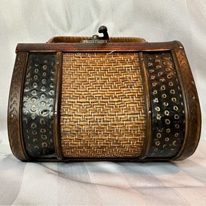 Vintage Hard Wood Shell Woven Brown Purse/Hand Bag NWT